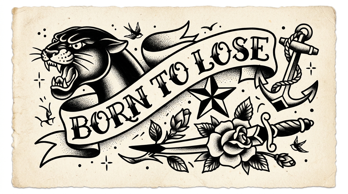 Эскиз олдскульной надписи Born to Lose в классическом американском тату-стиле с толстыми штрихами