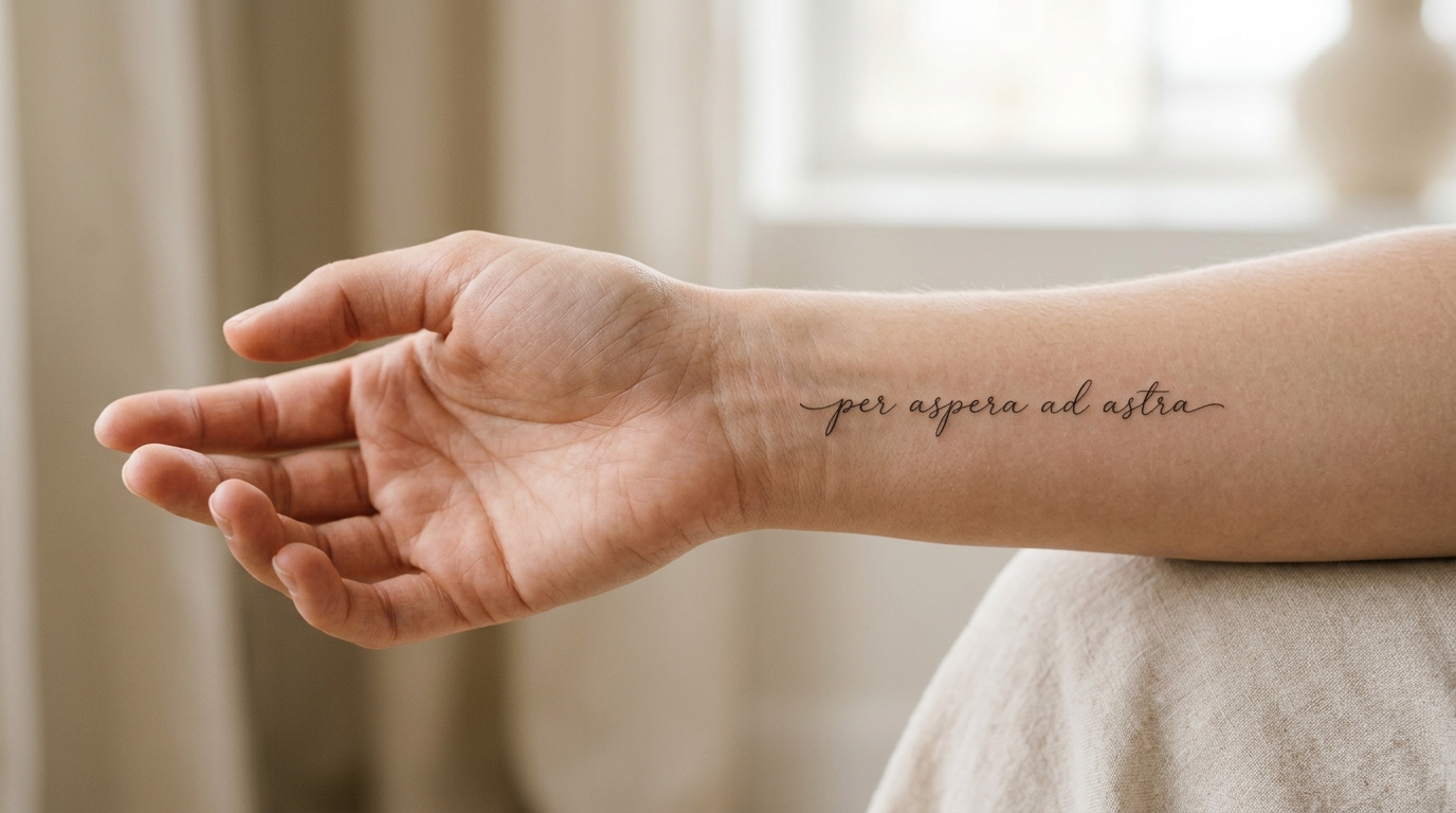 Тонкий курсив per aspera ad astra на внутренней стороне запястья женщины