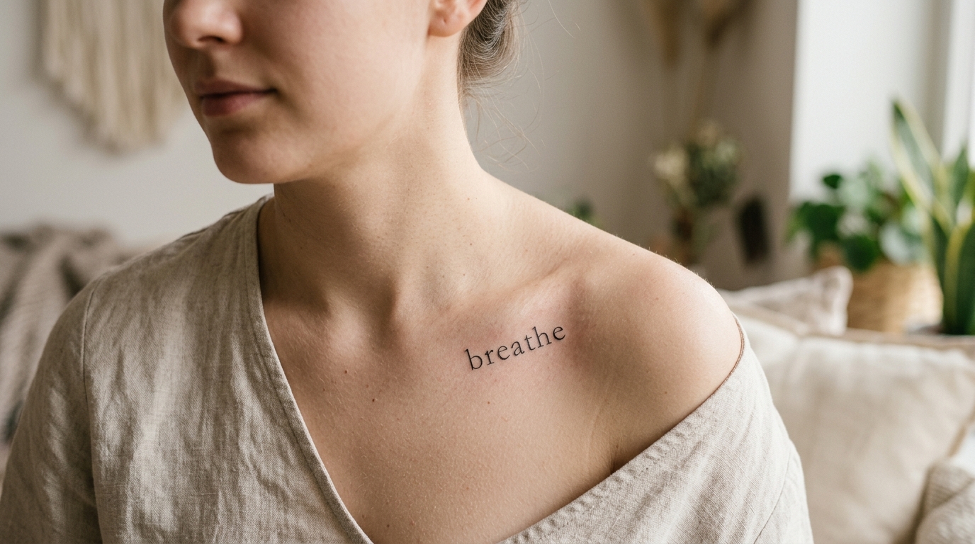 Короткое минималистичное тату breathe в тонком серифном шрифте на ключице