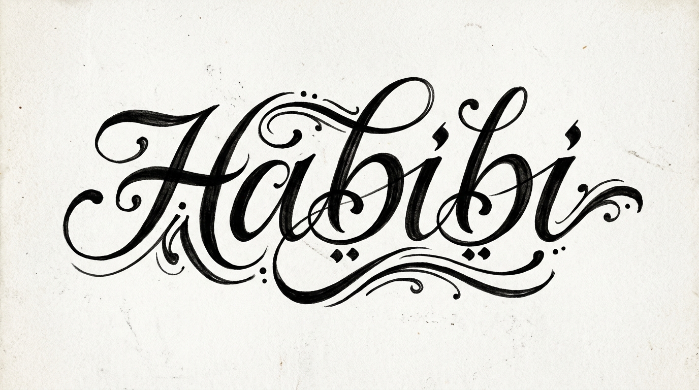Эскиз надписи Habibi латиницей стилизованной под арабскую каллиграфию