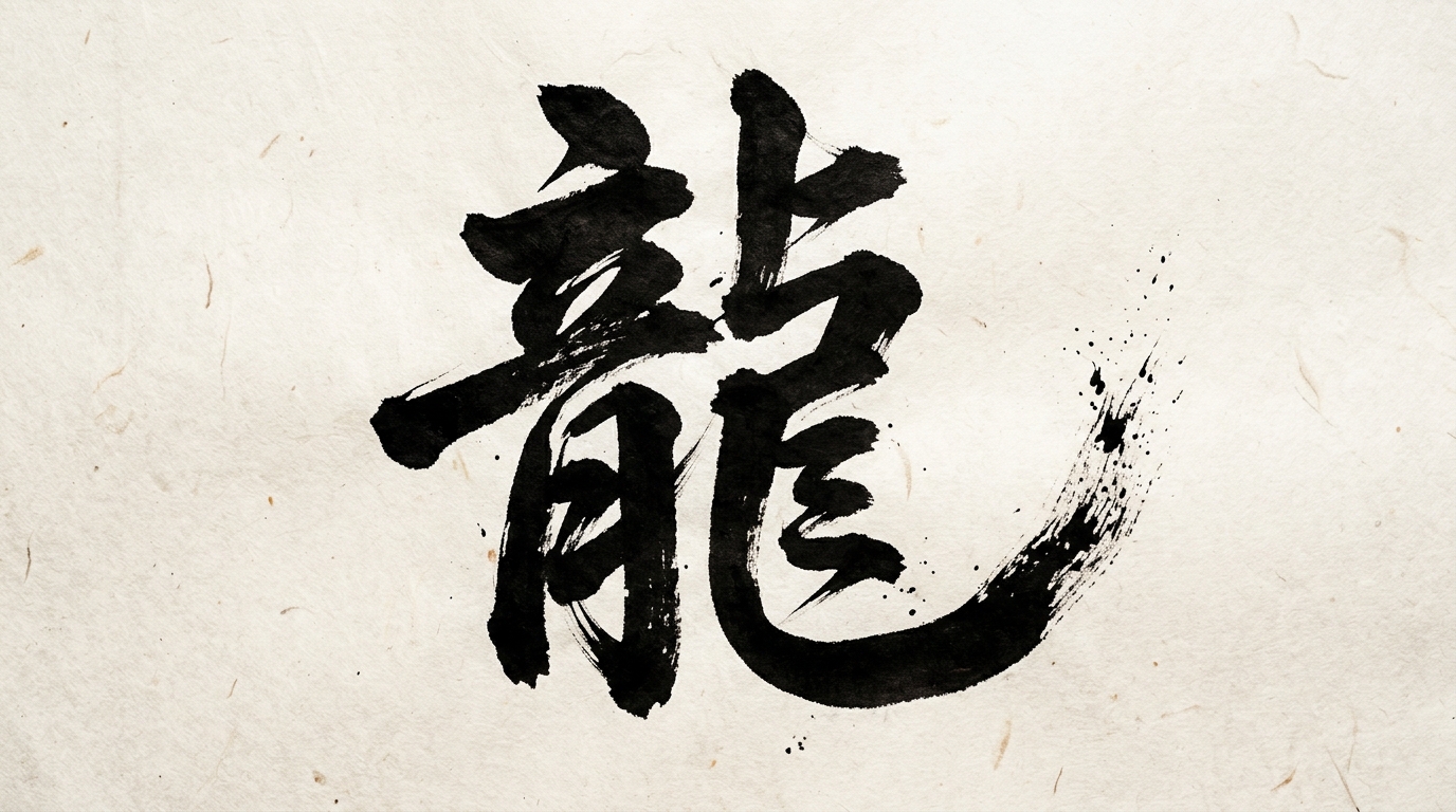 Эскиз тату в стиле японской кистевой каллиграфии с одним иероглифом, выполненный традиционной тушью