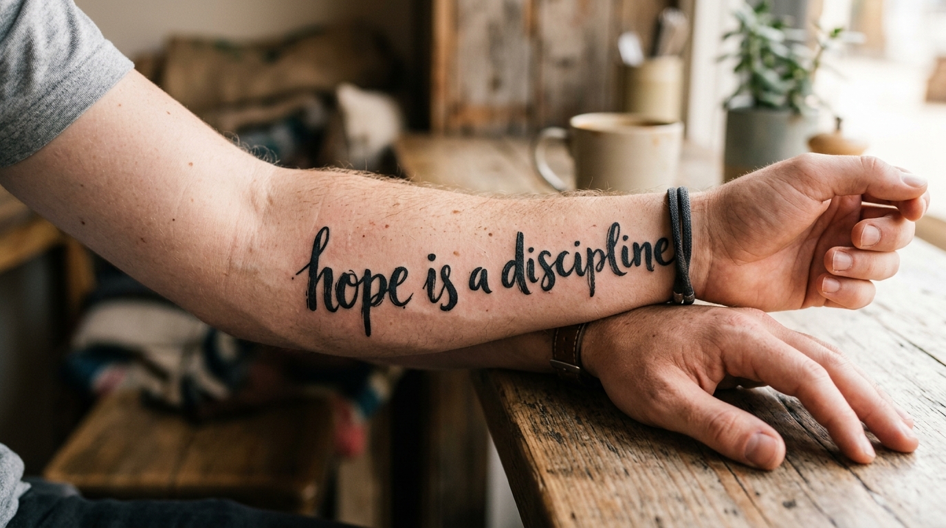 Тату hope is a discipline на предплечье мужчины в авторском рукописном шрифте с неровными буквами