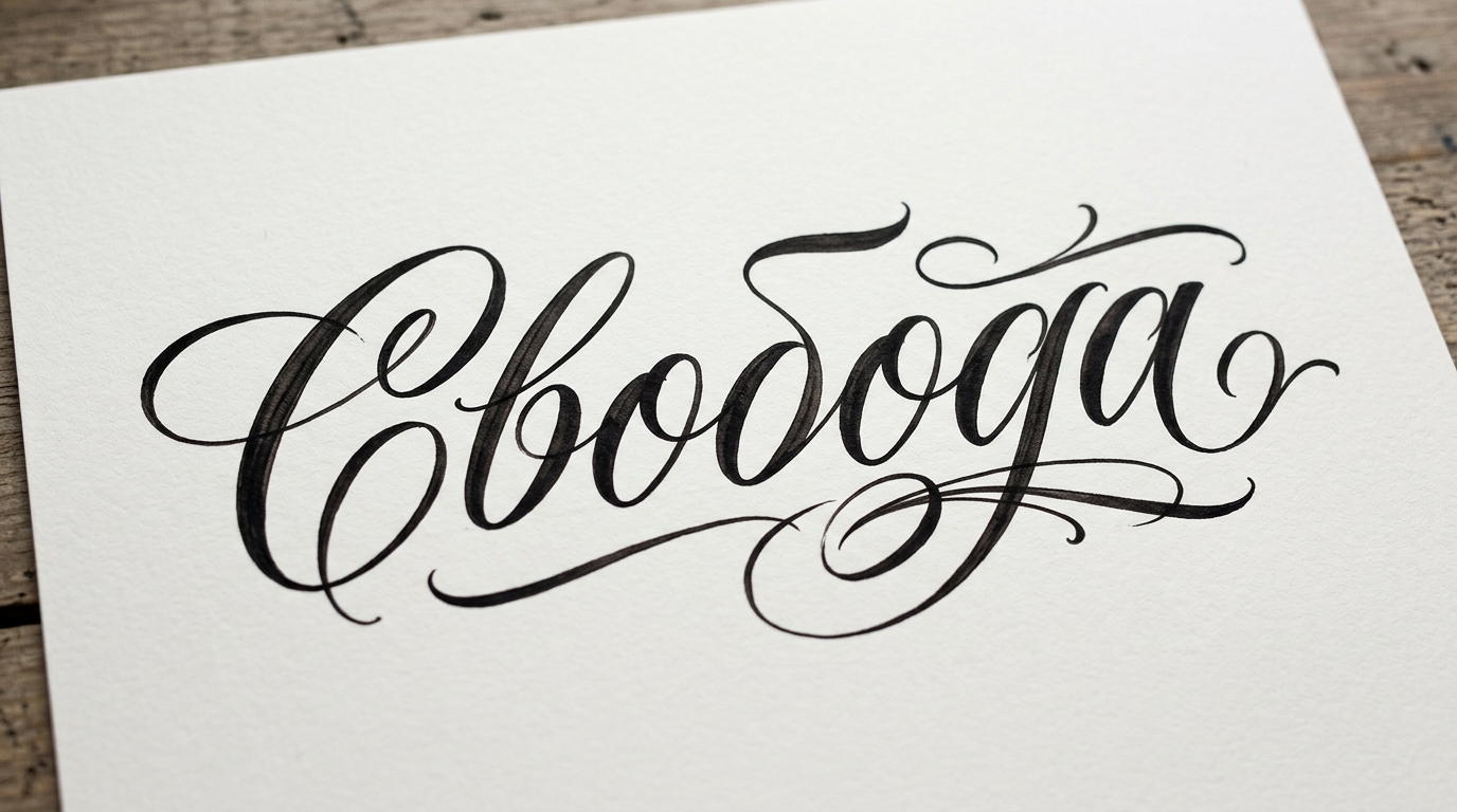 Эскиз тату Свобода в кириллическом каллиграфическом шрифте с буквами специфичными для русского алфавита