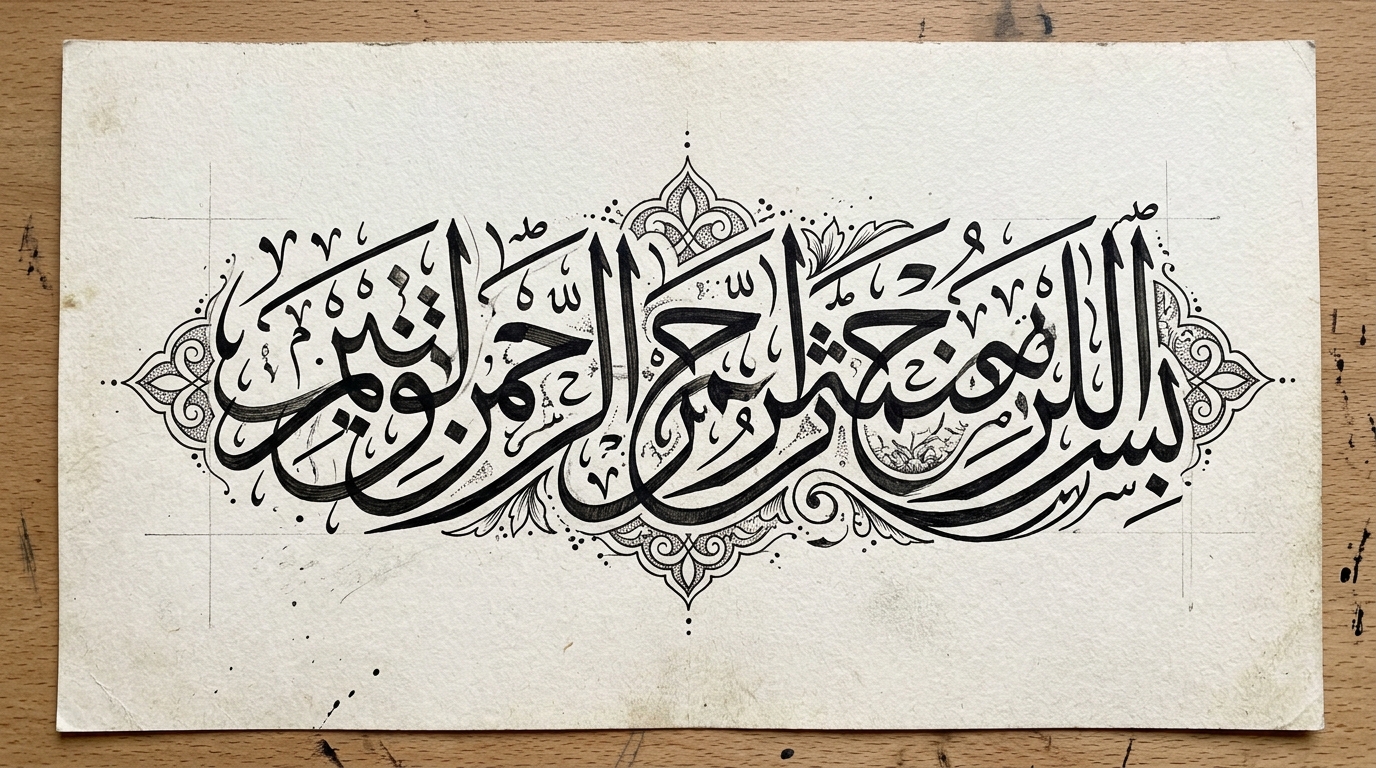 Эскиз тату в классической арабской каллиграфии с плавными горизонтальными штрихами в стиле Thuluth