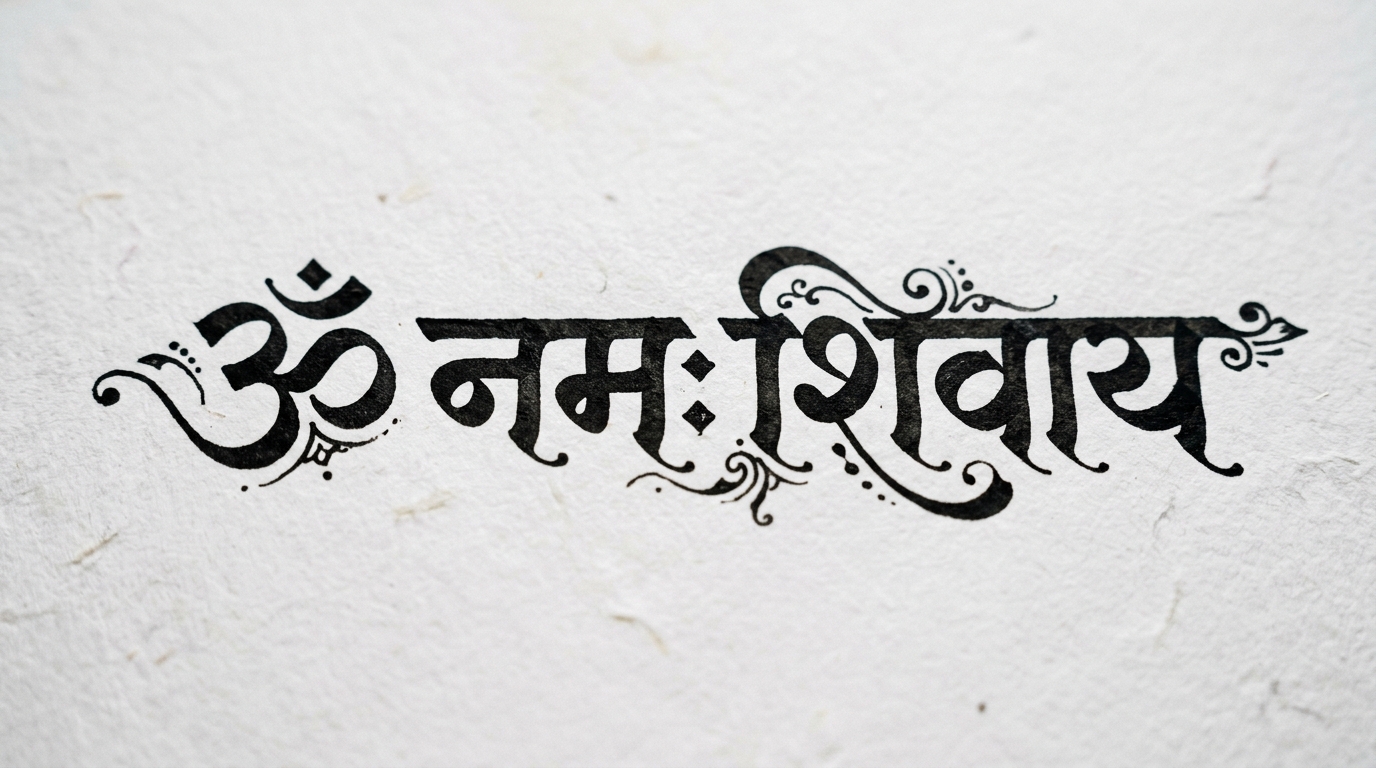 Эскиз тату в санскрите деванагари с горизонтальной верхней линией соединяющей буквы мантры