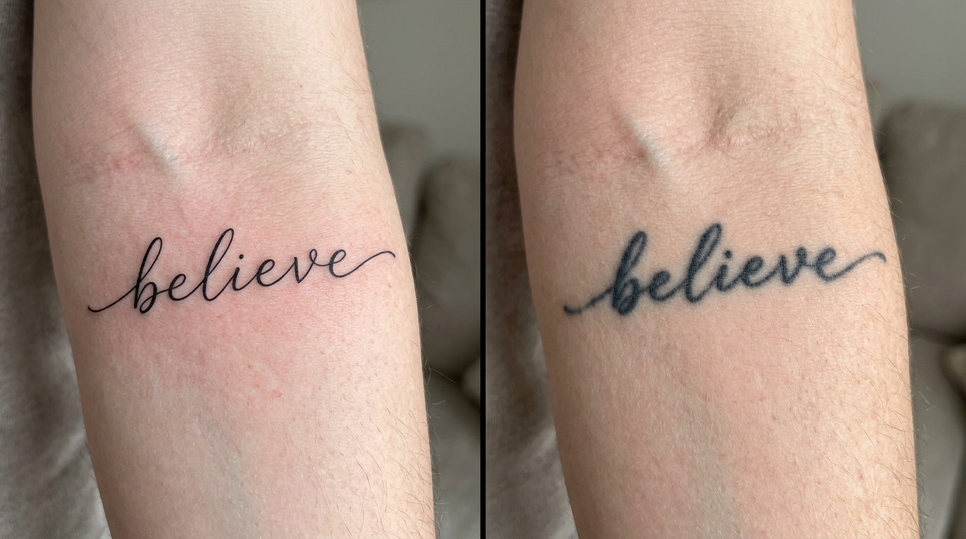 Сравнение тату believe свежей с тонкими линиями и той же тату через 7 лет с расплывшимися штрихами