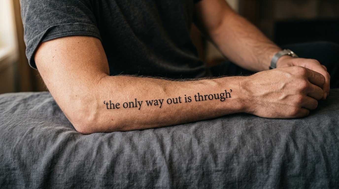 Длинная тату-цитата the only way out is through на предплечье мужчины в чистом серифном шрифте