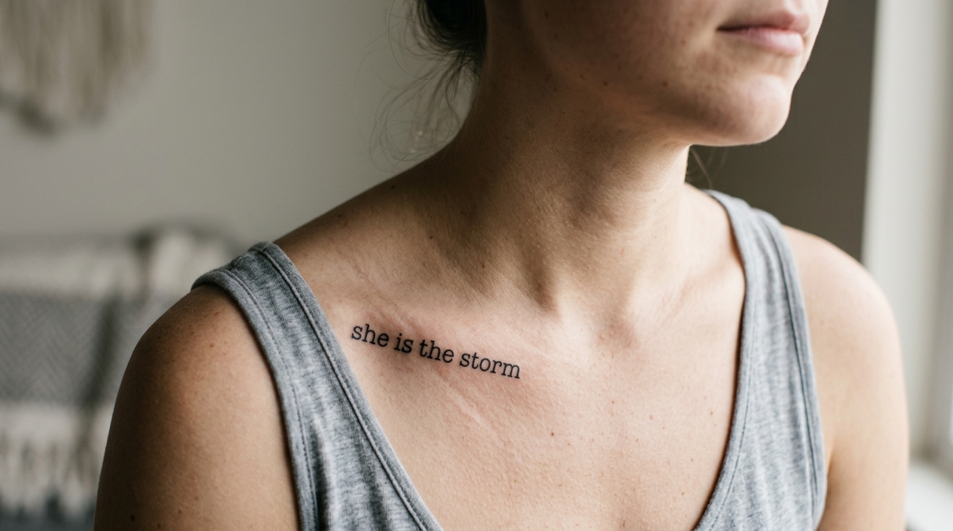 Тонкая горизонтальная надпись she is the storm на ключице женщины в современном начертании