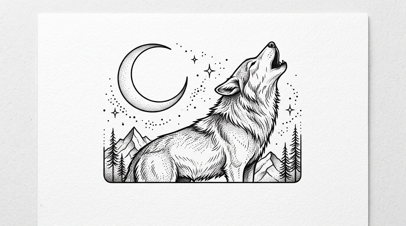 Эскиз тату волк одиночка воющий на луну