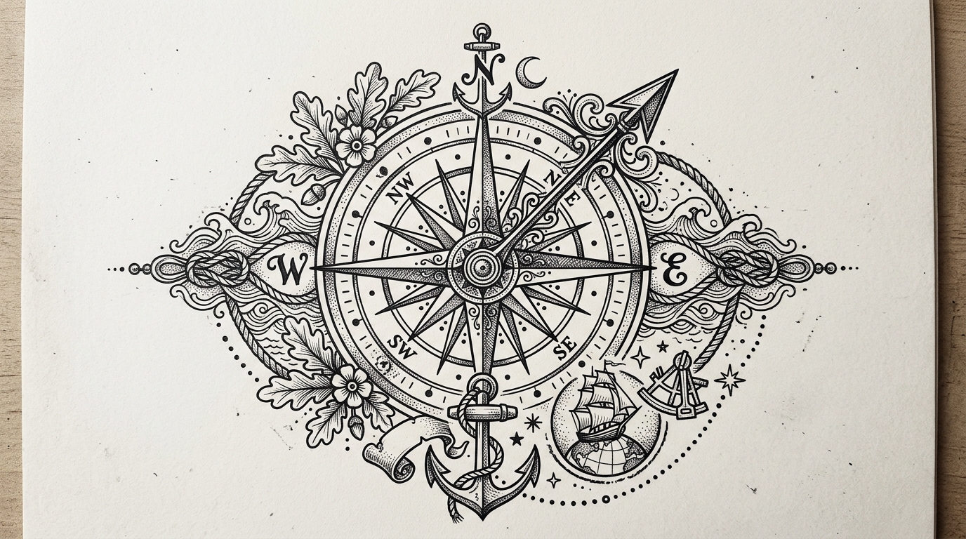 Эскиз тату компас с розой ветров