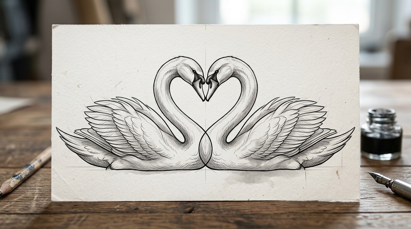 Эскиз тату два лебедя парой в форме сердца