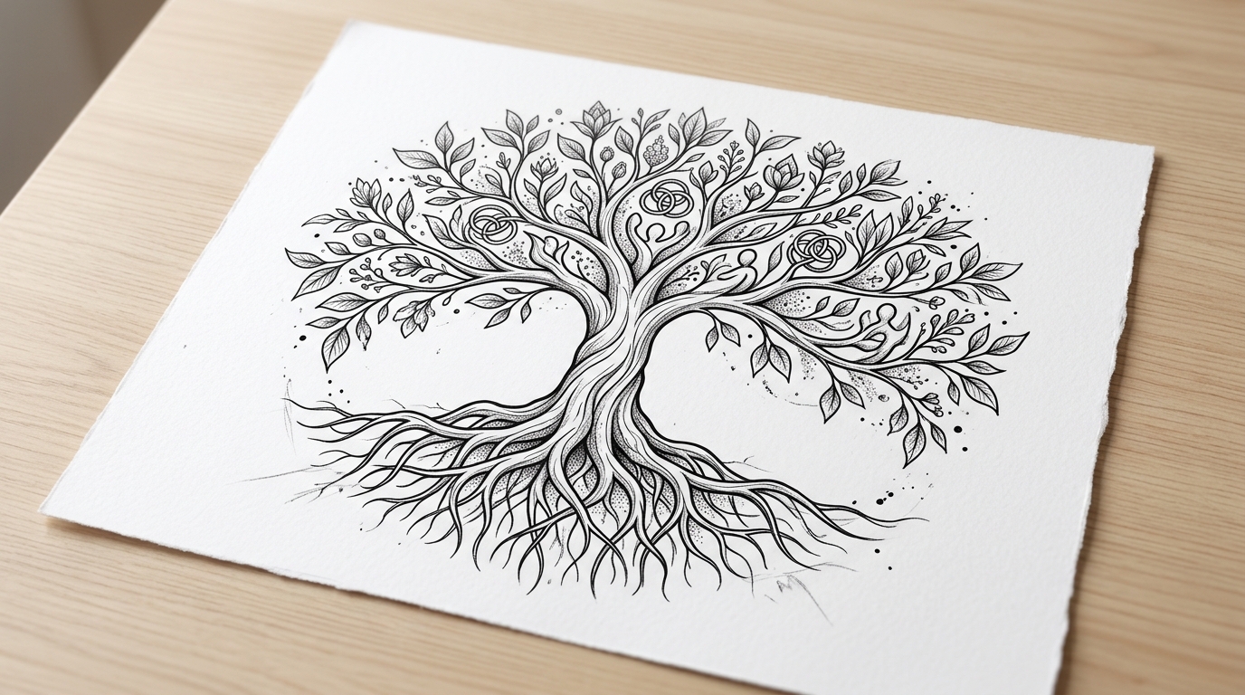 Эскиз тату древо жизни с корнями