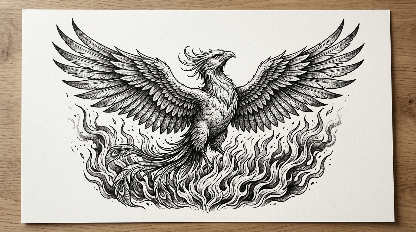 Эскиз тату феникс восставший из пламени