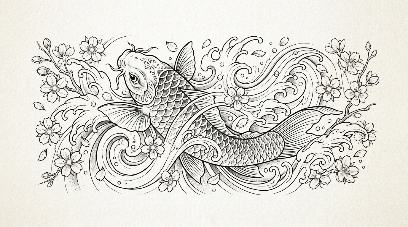 Эскиз тату японская рыба кои