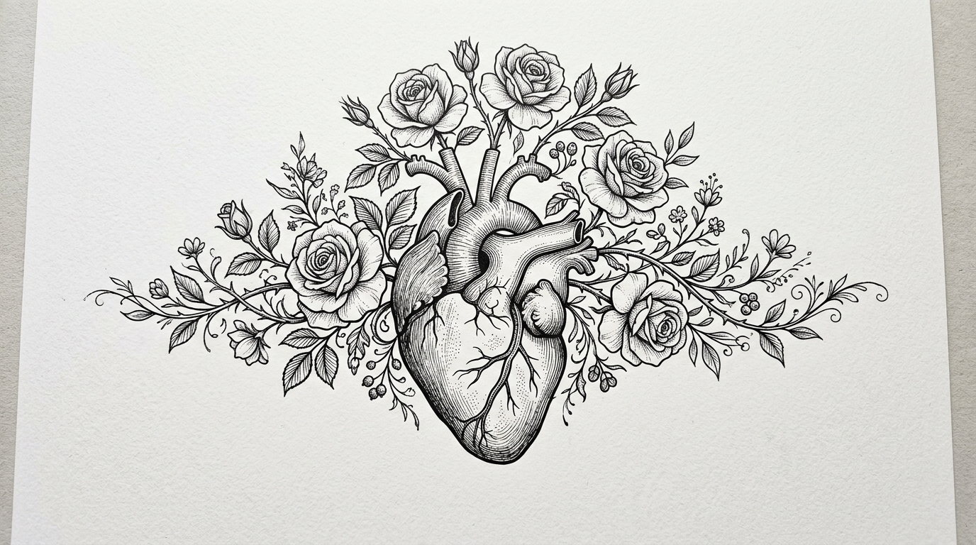 Эскиз тату анатомическое сердце с цветами