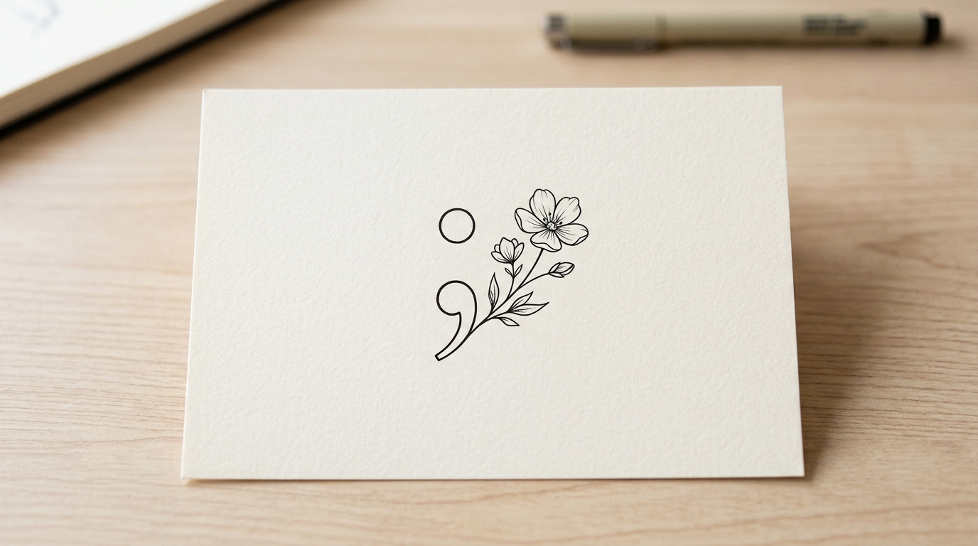 Эскиз тату семиколон с цветком