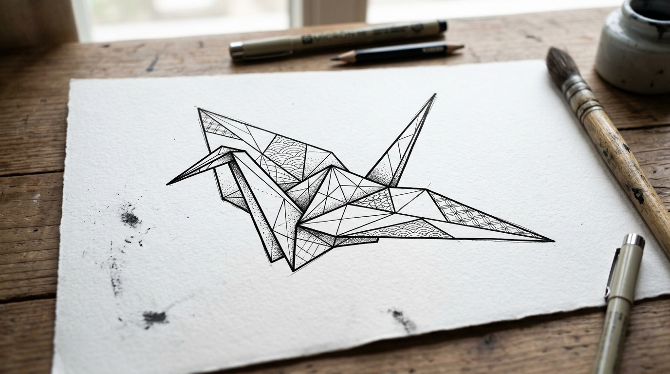 Эскиз тату журавль оригами