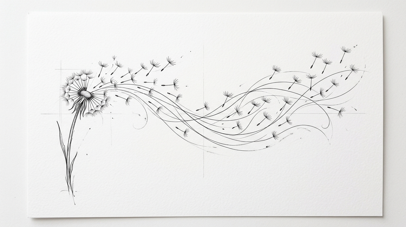 Эскиз тату одуванчик с семенами на ветру