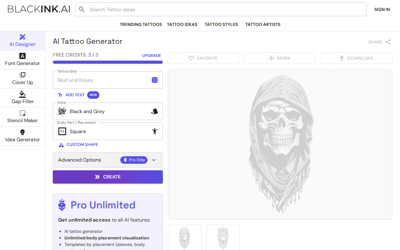 Интерфейс BlackInk AI — интерфейс с выбором стиля и зоны на теле
