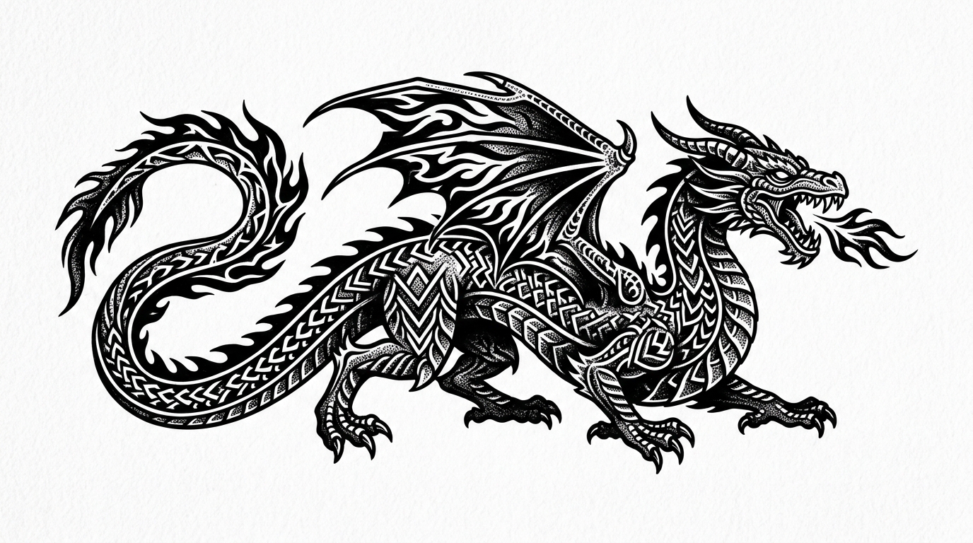 Дракон в стиле блэкворк, плотный чёрный цвет