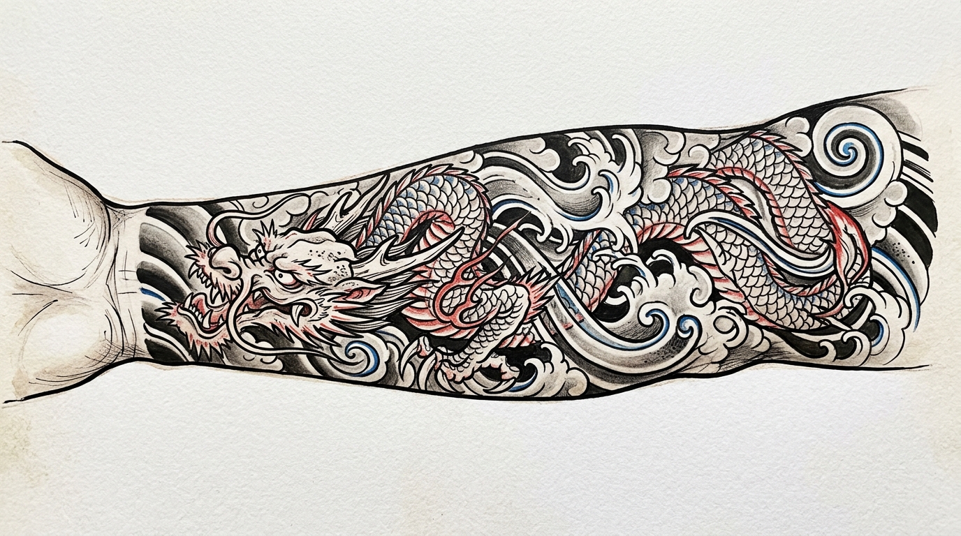 Дракон в японском стиле irezumi на предплечье