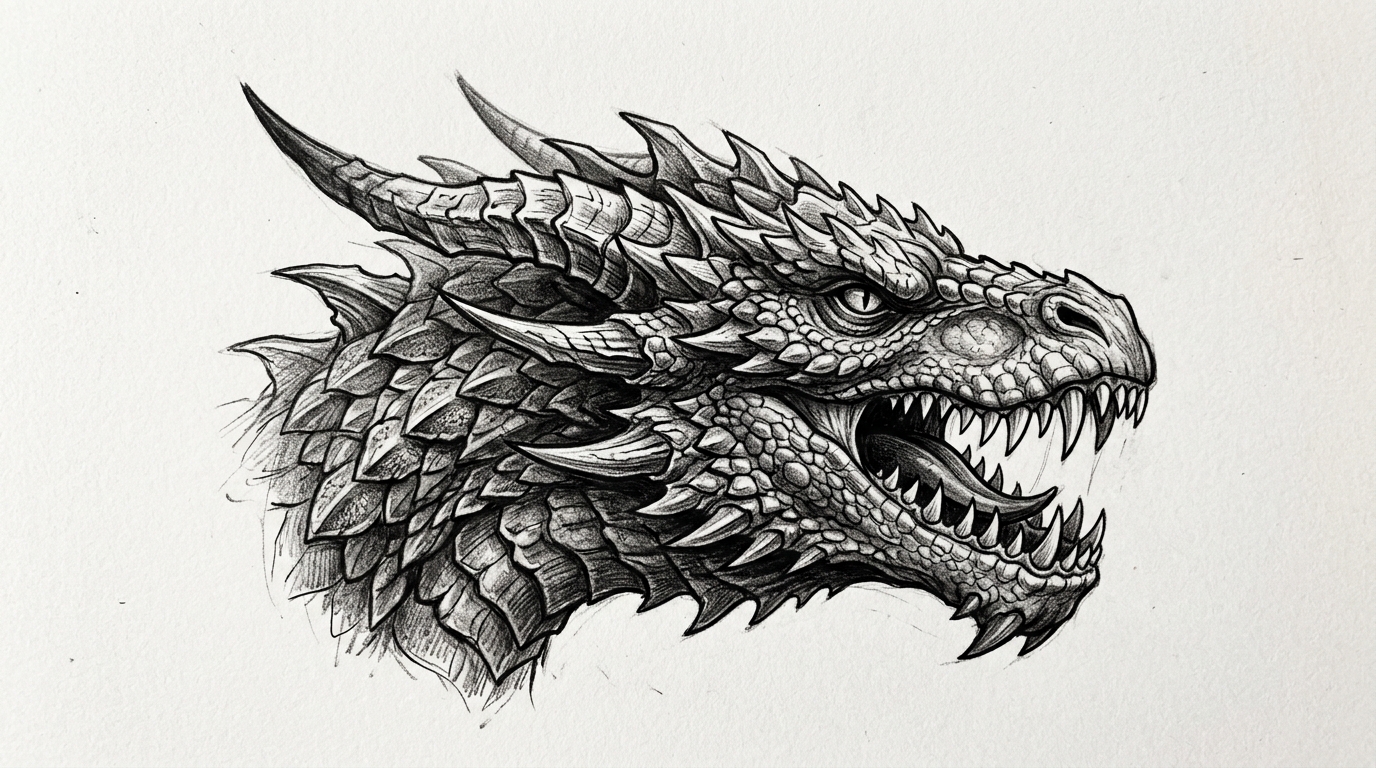 Дракон в стиле реализм, чёрно-серая тату
