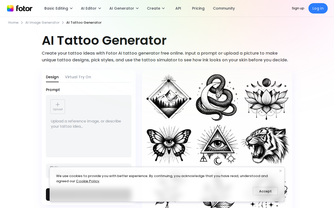 Fotor AI Tattoo Generator — интерфейс с выбором стиля и промптом