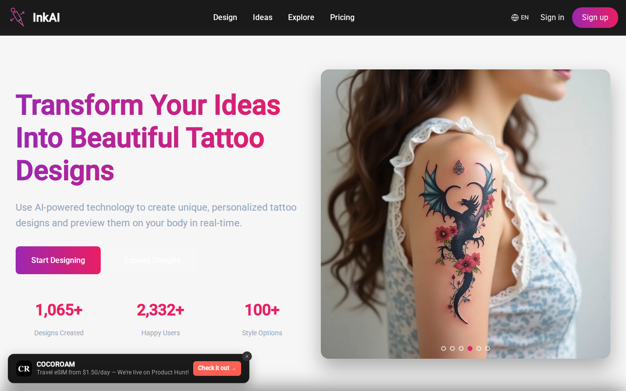 Интерфейс InkAI — ИИ-генератор тату с AR-примеркой