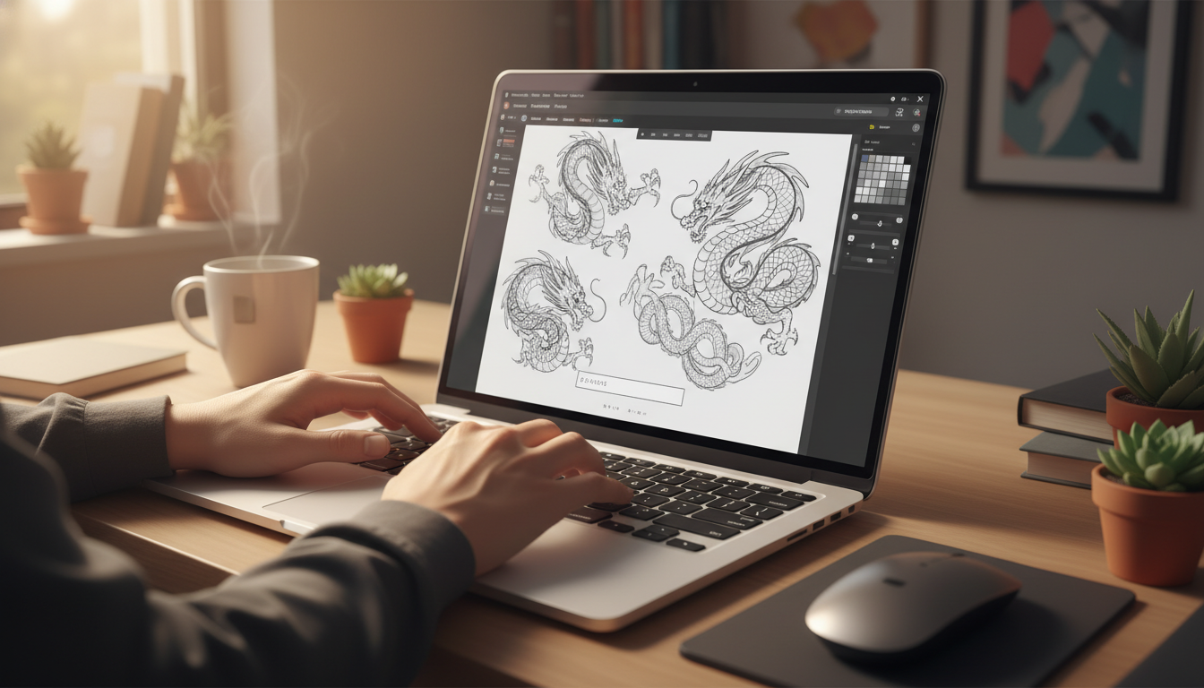 Работа с нейросетью для создания эскиза тату на ноутбуке