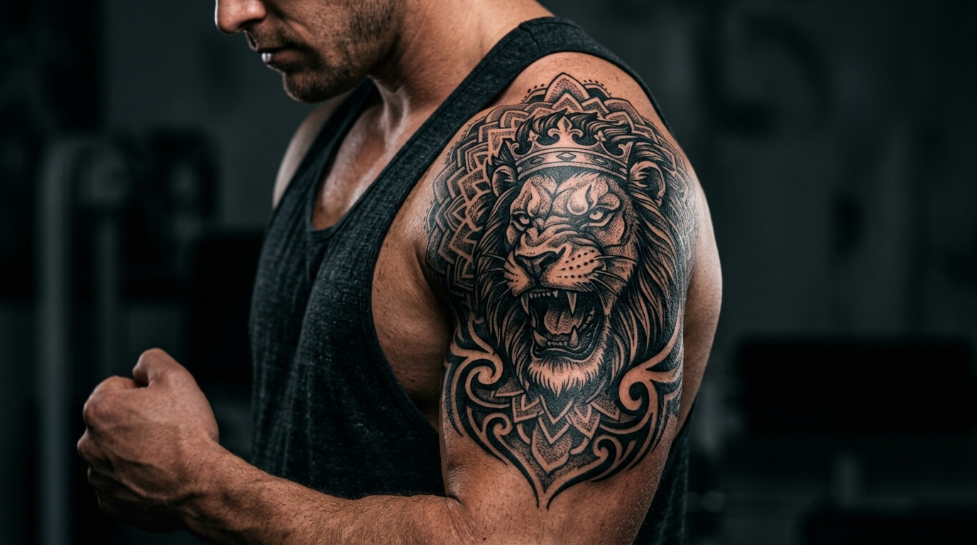 Брутальная мужская тату льва с короной на плече в стиле блэкворк