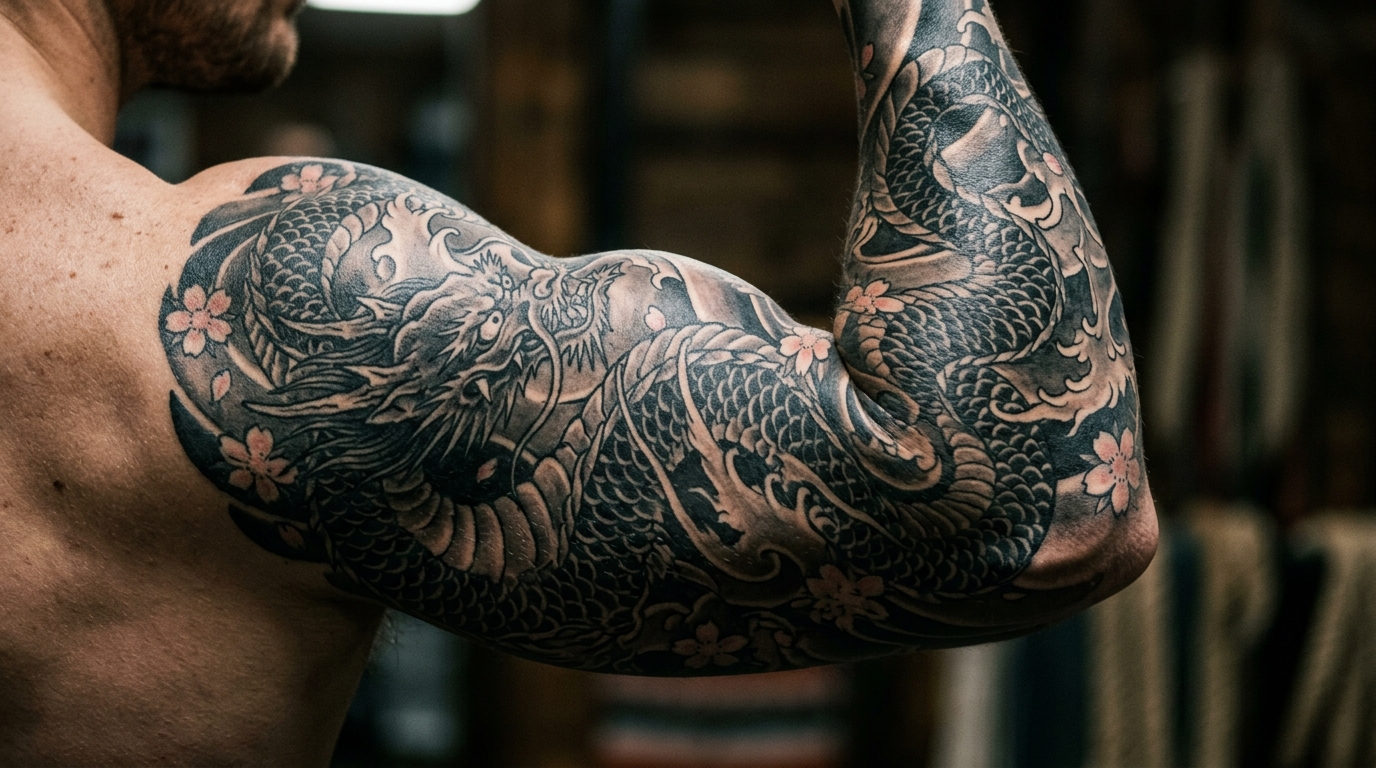 Тату дракона в японском стиле на мужском бицепсе