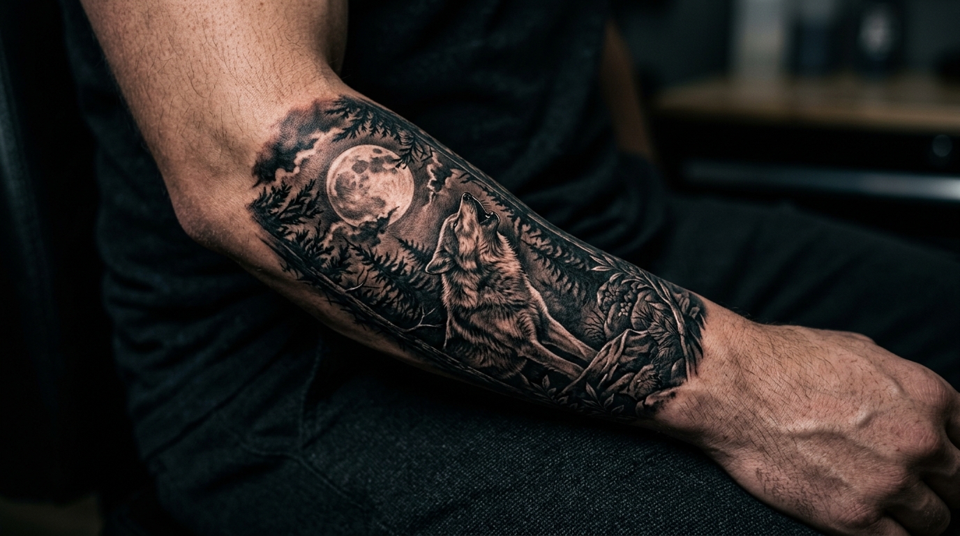 Тату волка на мужском предплечье в стиле реализм