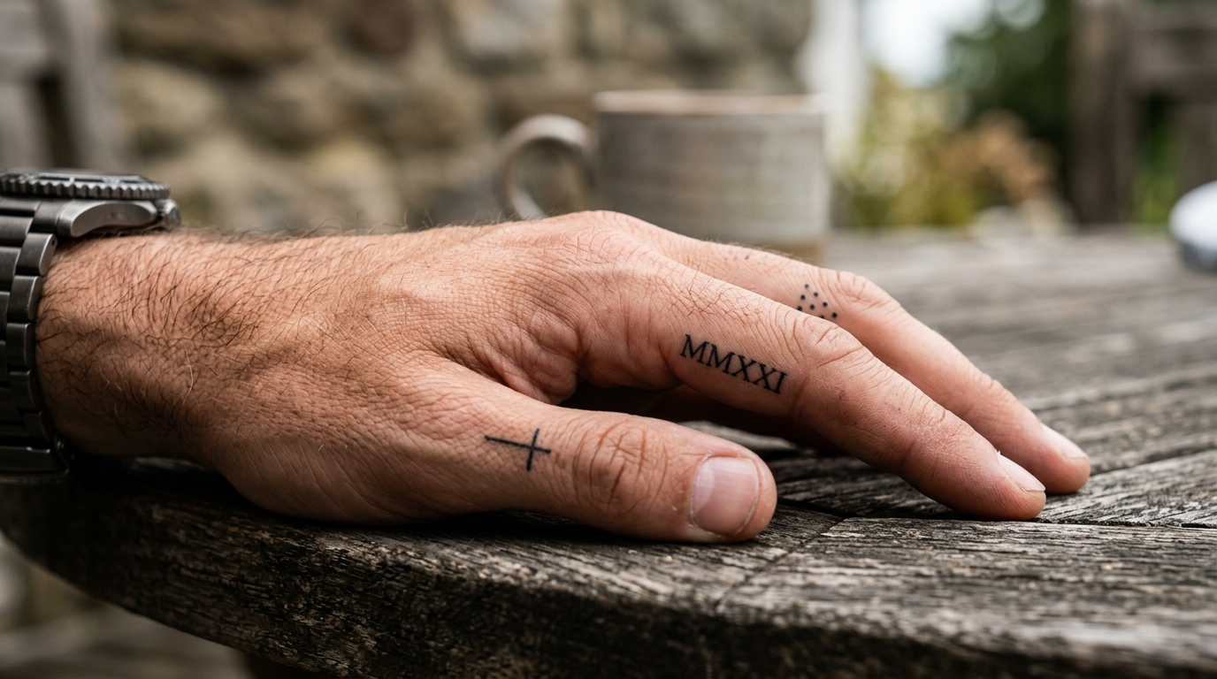 Маленькие мужские тату на кисти — римские цифры и крест