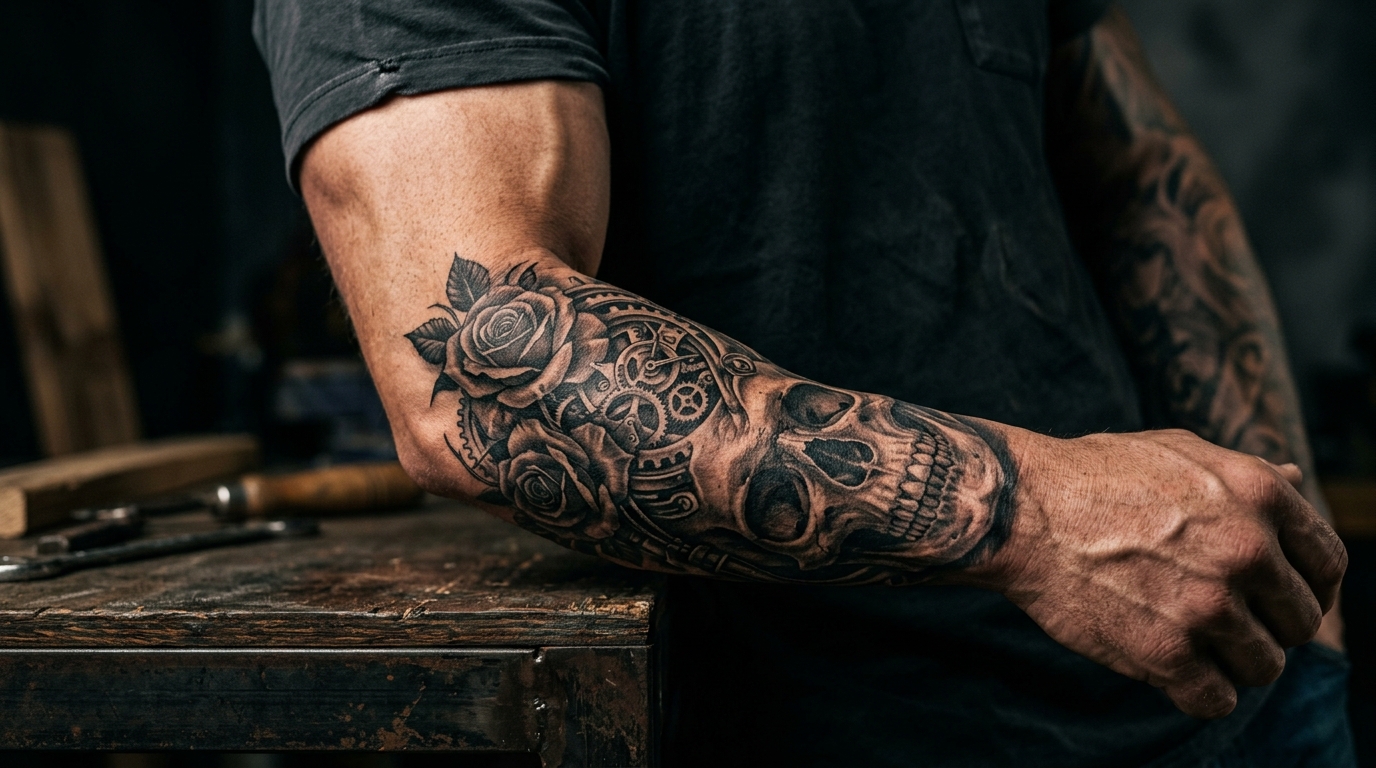 Тату черепа в стиле биомеханика на мужском рукаве