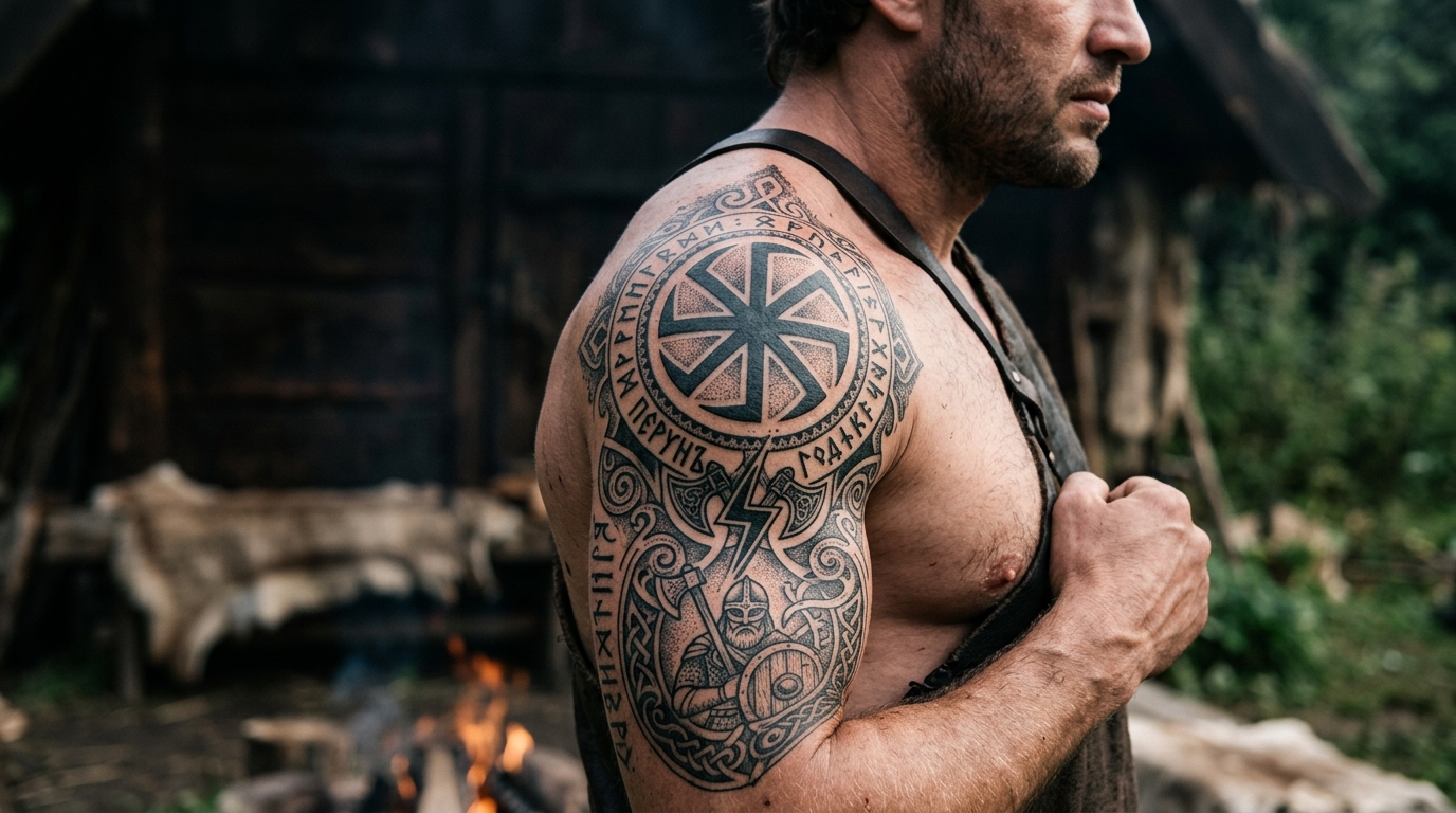 Славянская тату с коловратом и рунами на мужском плече