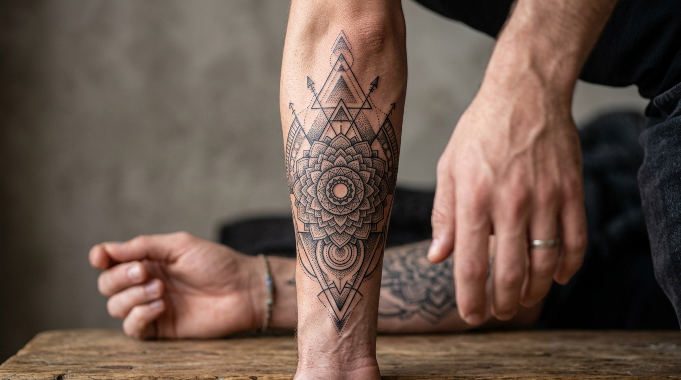 Геометрическая тату в стиле дотворк на мужском предплечье