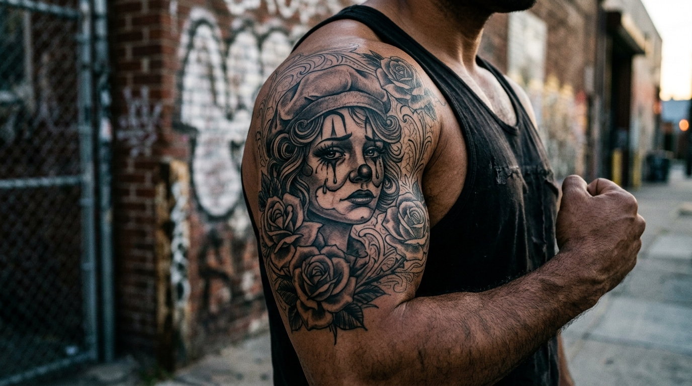 Мужская тату в стиле чикано на бицепсе — портрет в чёрно-серой гамме