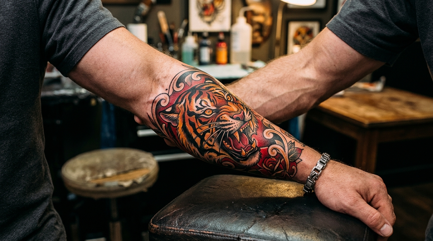 Тату тигра в стиле нео-традишнл на мужском предплечье