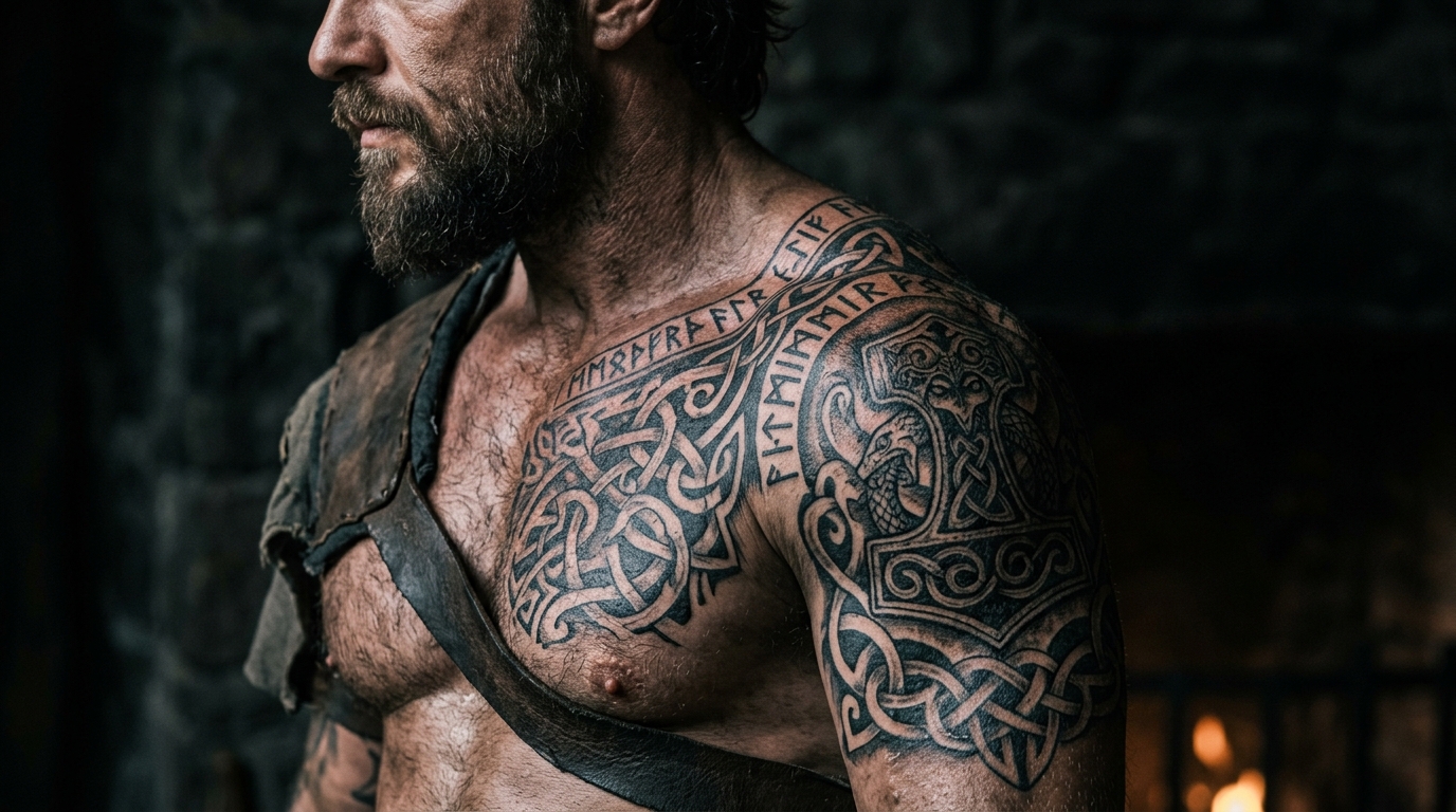 Скандинавская тату с молотом Тора на мужском плече