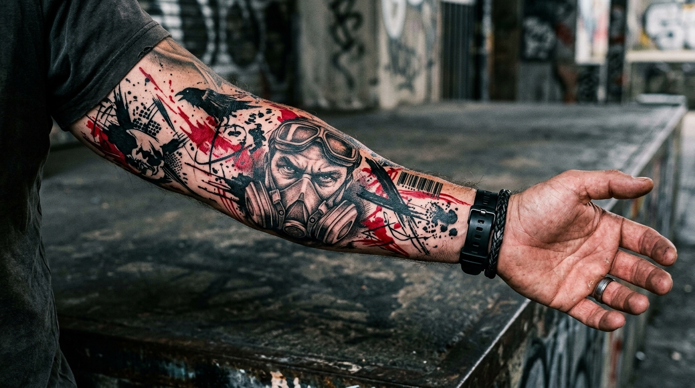 Тату в стиле трэш-полька на мужском предплечье