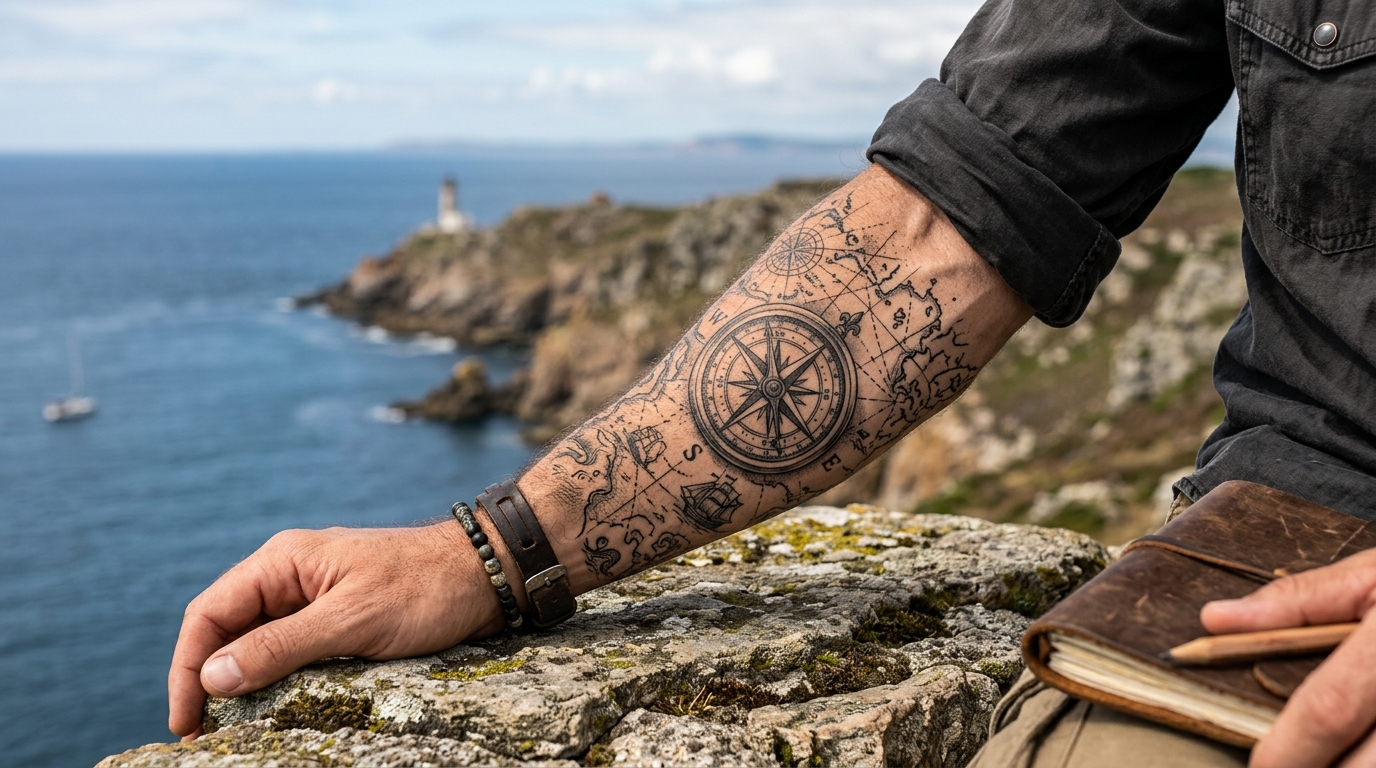 Тату компаса на мужском предплечье в стиле реализм