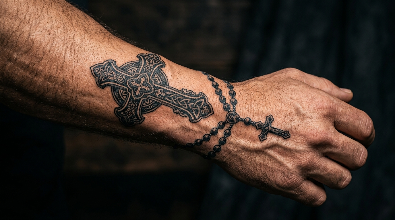 Тату крест на запястье мужчины в стиле блэкворк