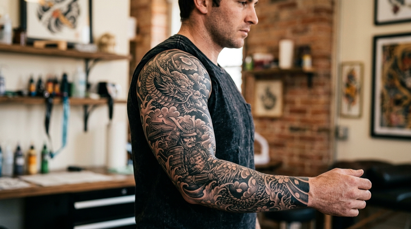 Полный рукав тату у мужчины в японском стиле