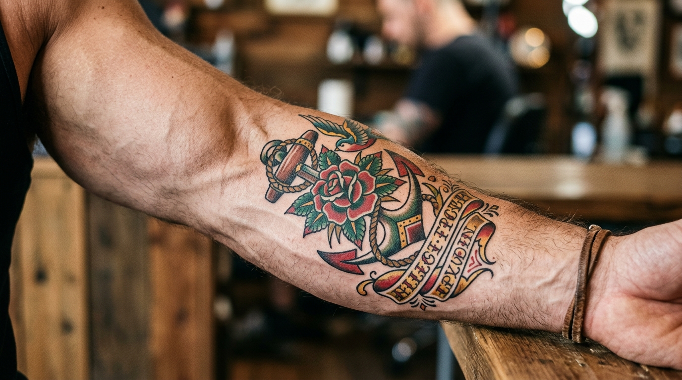 Олдскул тату якоря и розы на мужском предплечье