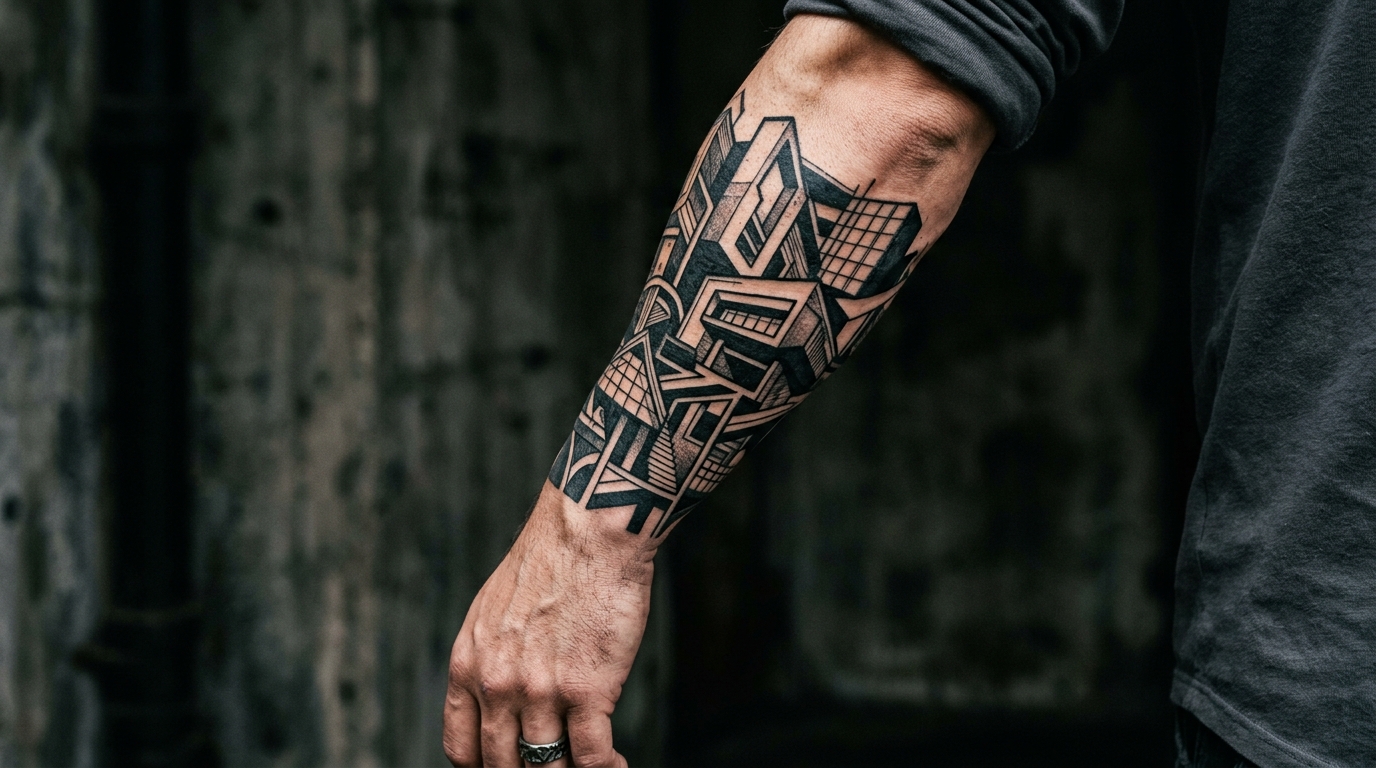 Графический стиль татуировки на мужской руке