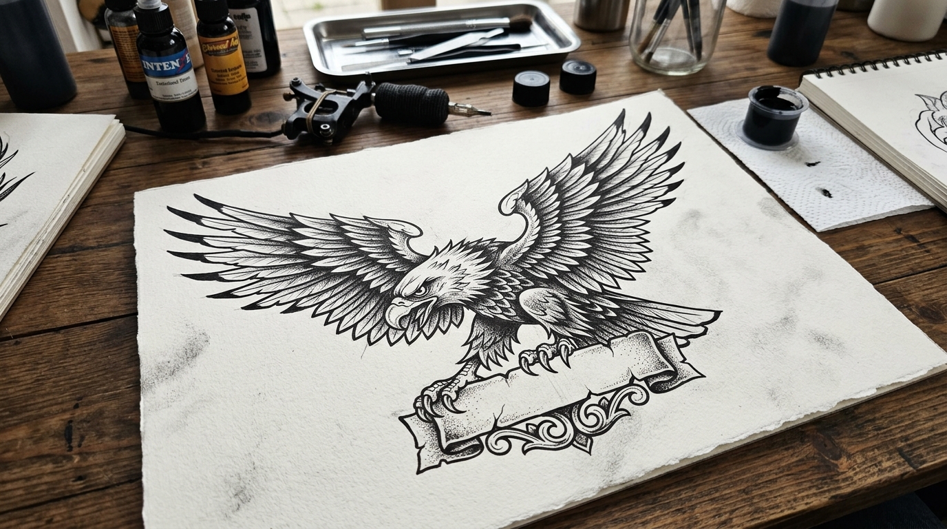 Эскиз тату орла с расправленными крыльями