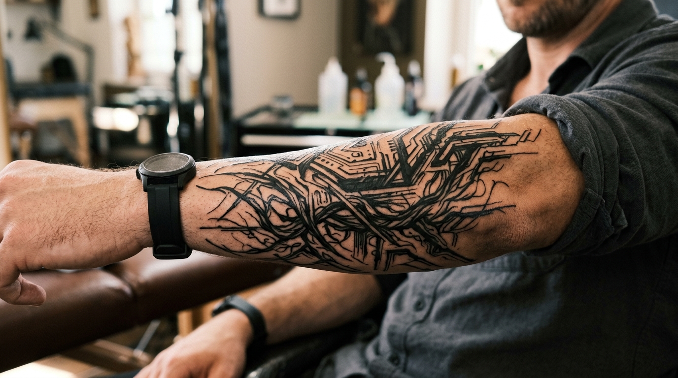 Тату в стиле киберсигилизм на мужском предплечье