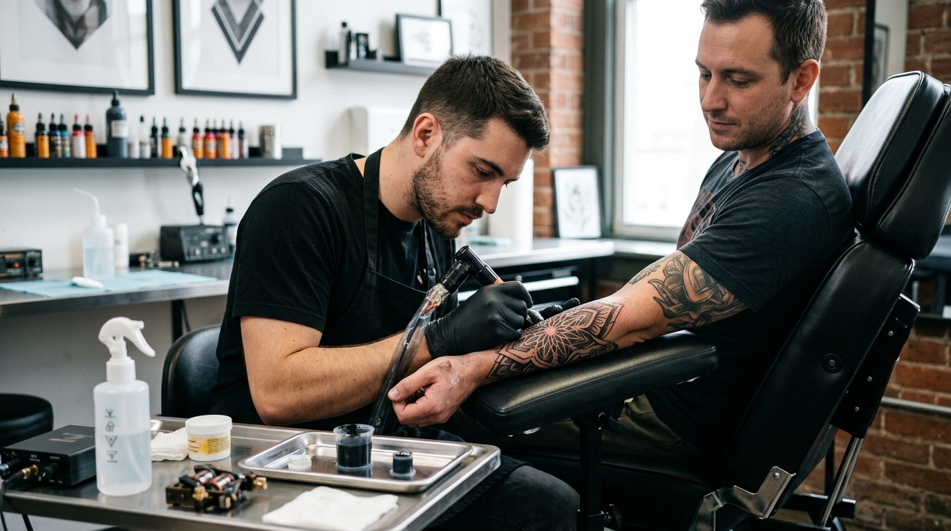 Тату-мастер работает над мужской рукой в студии