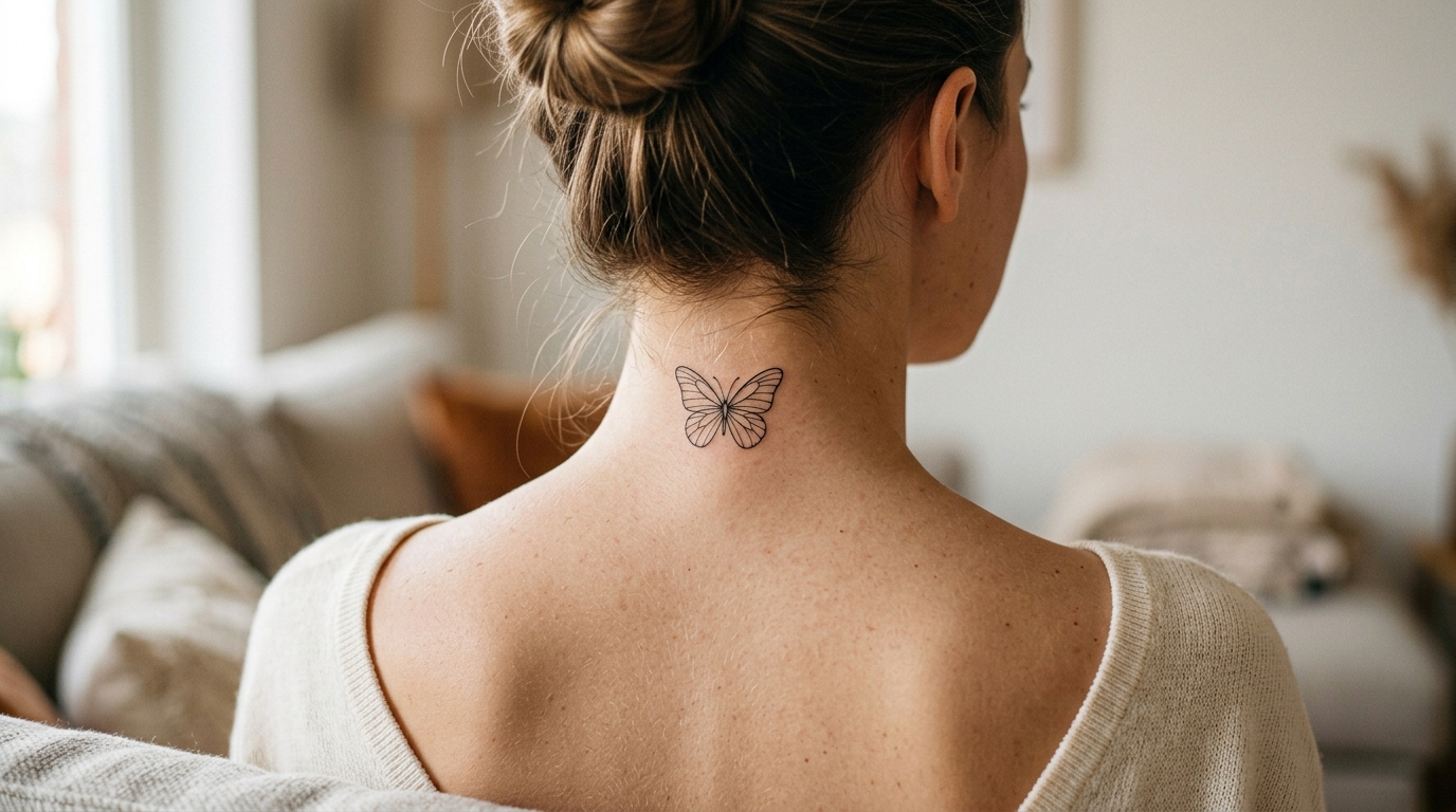 Фото утонченной тату-бабочки на шее сзади у девушки — тонкие линии, минималистичный стиль
