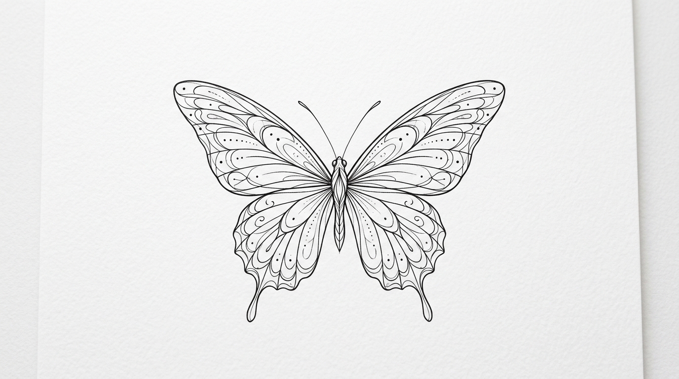 Эскиз утонченной бабочки для тату на шею сзади — fine line стиль с тонкими линиями